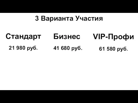 Стандарт 3 Варианта Участия Бизнес VIP-Профи 21 980 руб. 41 680 руб. 61 580 руб.