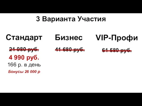 Стандарт 3 Варианта Участия Бизнес VIP-Профи 4 990 руб. 166