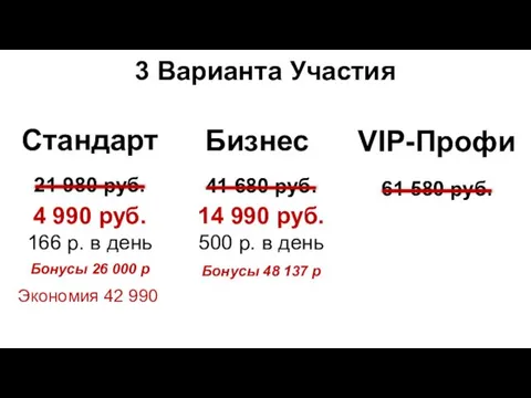 Стандарт 3 Варианта Участия Бизнес VIP-Профи 14 990 руб. 500