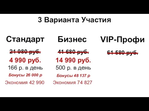 Стандарт 3 Варианта Участия Бизнес VIP-Профи 14 990 руб. 500