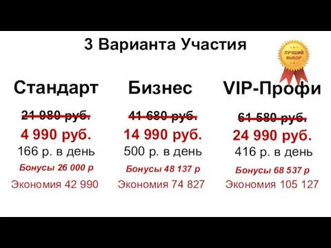 Стандарт 3 Варианта Участия Бизнес VIP-Профи Экономия 105 127 24