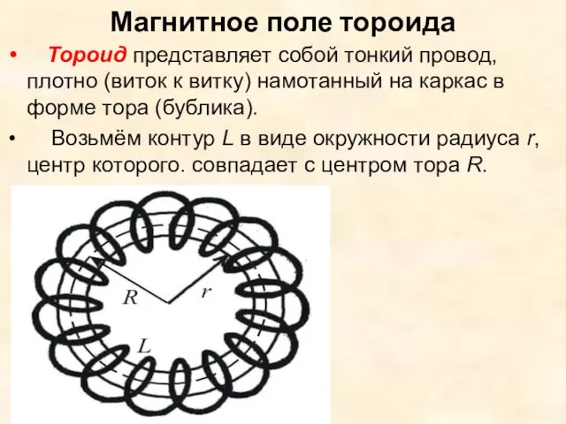 Магнитное поле тороида Тороид представляет собой тонкий провод, плотно (виток