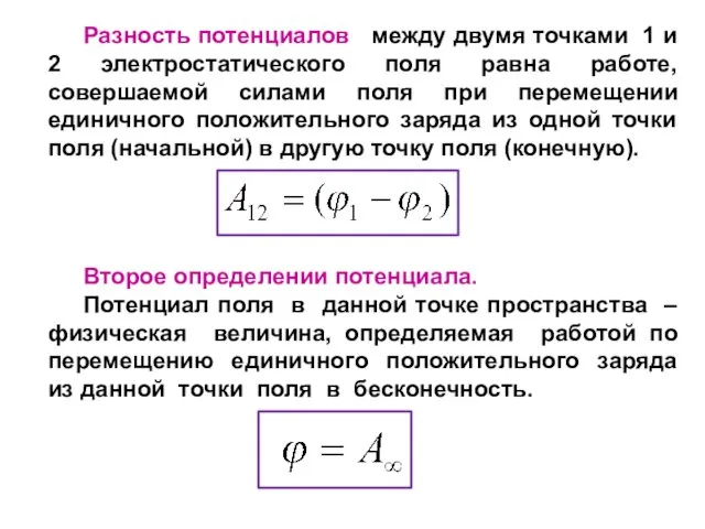 Разность потенциалов между двумя точками 1 и 2 электростатического поля