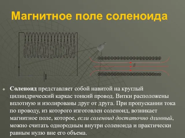 Магнитное поле соленоида Соленоид представляет собой навитой на круглый цилиндрический