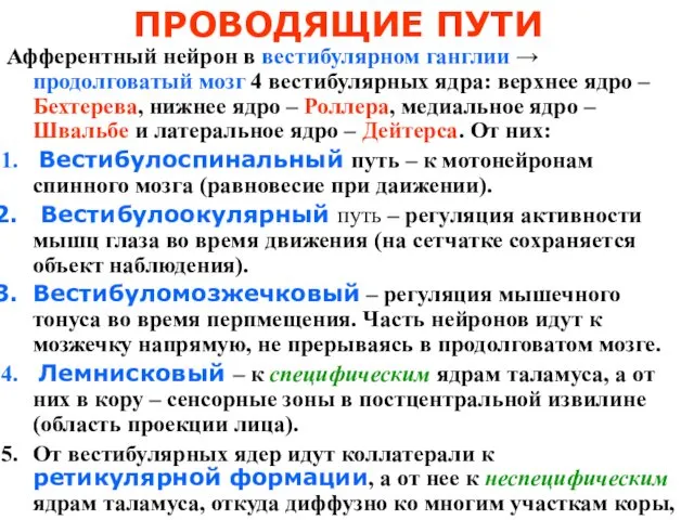 ПРОВОДЯЩИЕ ПУТИ Афферентный нейрон в вестибулярном ганглии → продолговатый мозг