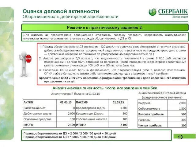 Оценка деловой активности Оборачиваемость дебиторской задолженности Решение к практическому заданию