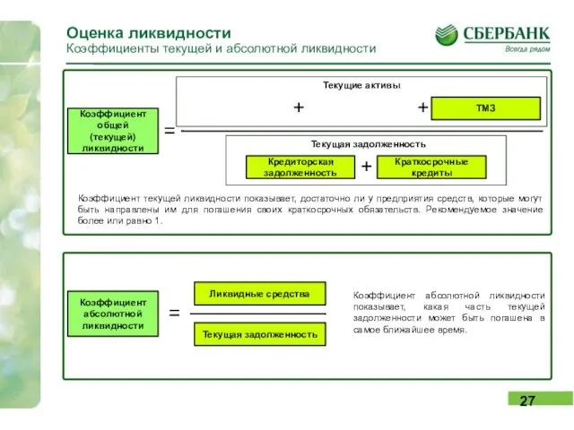 Оценка ликвидности Коэффициенты текущей и абсолютной ликвидности Коэффициент общей (текущей)