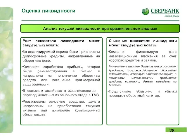 Оценка ликвидности Анализ текущей ликвидности при сравнительном анализе Рост показателя