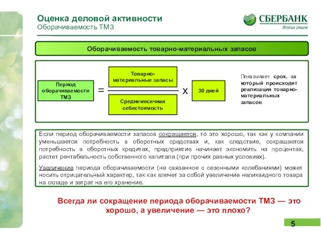 Оценка деловой активности Оборачиваемость ТМЗ Оборачиваемость товарно-материальных запасов Период оборачиваемости