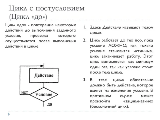 Здесь Действие называют телом цикла. Цикл работает до тех пор,