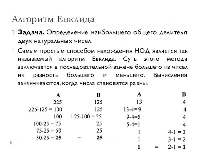 Алгоритм Евклида Задача. Определение наибольшего общего делителя двух натуральных чисел.