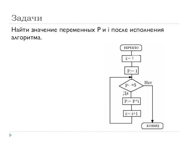 Задачи Найти значение переменных P и i после исполнения алгоритма. =5