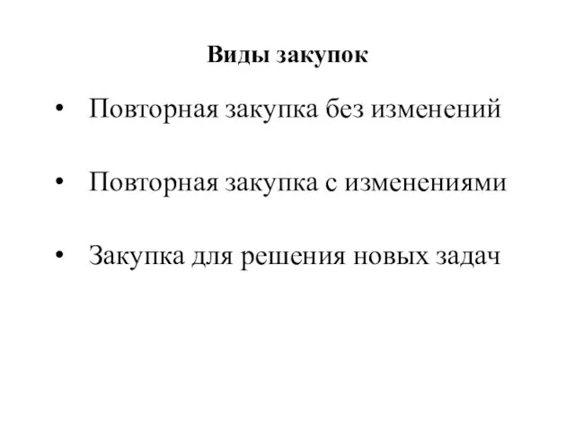 Виды закупок Повторная закупка без изменений Повторная закупка с изменениями Закупка для решения новых задач