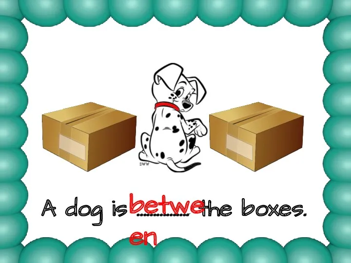 A dog is ……………. the boxes. between