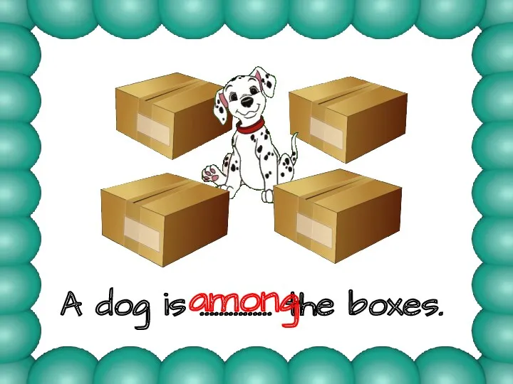 A dog is …………… the boxes. among