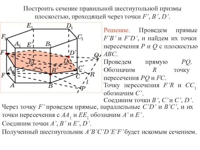 Построить сечение правильной шестиугольной призмы плоскостью, проходящей через точки F’, B’, D’. Упражнение 14