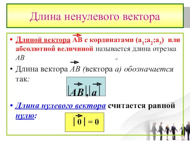 Длина ненулевого вектора Длиной вектора АВ с кординатами (а1;а2;а3) или