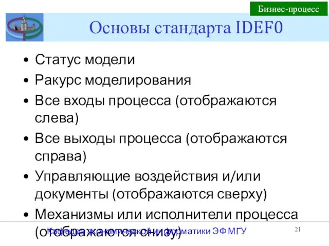 Основы стандарта IDEF0 Статус модели Ракурс моделирования Все входы процесса