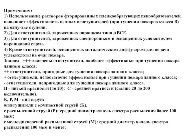 Примечания: 1) Использование растворов фторированных пленкообразующих пенообразователей повышает эффективность пенных