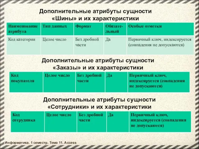 Дополнительные атрибуты сущности «Шины» и их характеристики Дополнительные атрибуты сущности