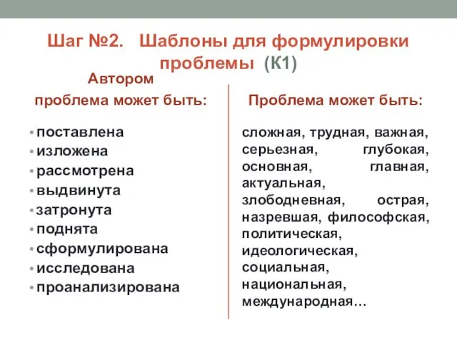 Шаг №2. Шаблоны для формулировки проблемы (К1) Автором проблема может