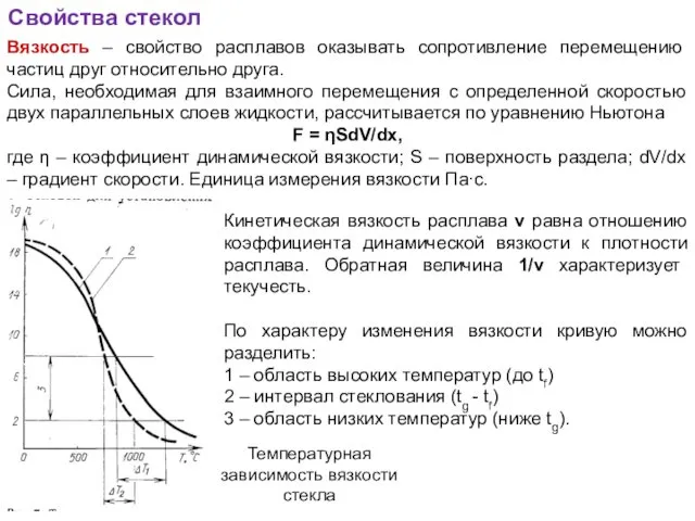 Свойства стекол Вязкость – свойство расплавов оказывать сопротивление перемещению частиц