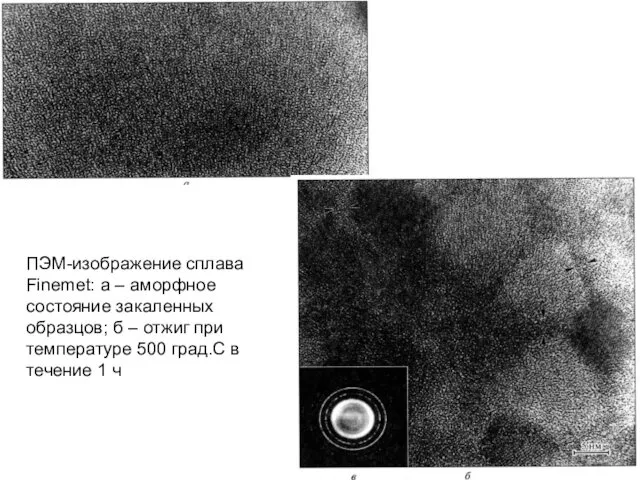 ПЭМ-изображение сплава Finemet: а – аморфное состояние закаленных образцов; б