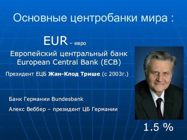 EUR – евро Европейский центральный банк European Central Bank (ECB)