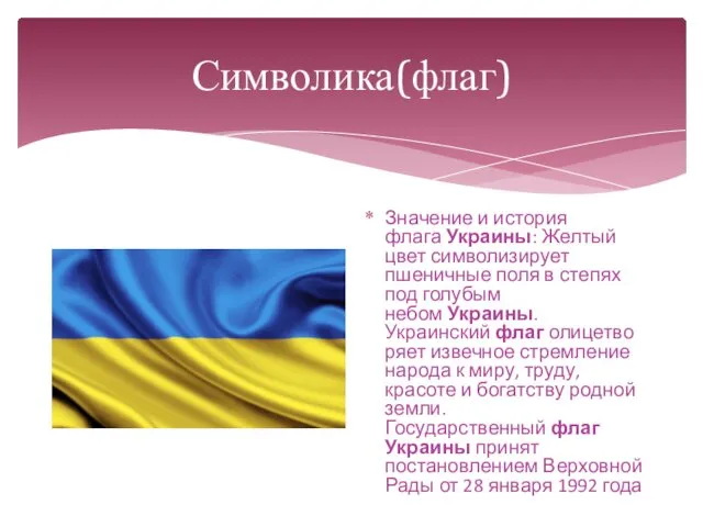 Символика(флаг) Значение и история флага Украины: Желтый цвет символизирует пшеничные поля в степях