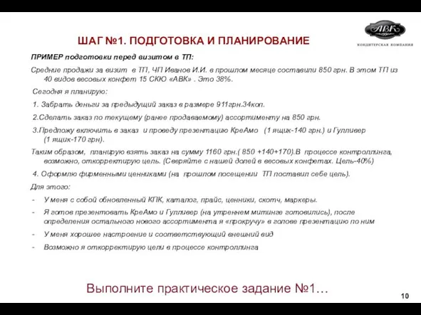 ПРИМЕР подготовки перед визитом в ТП: Средние продажи за визит