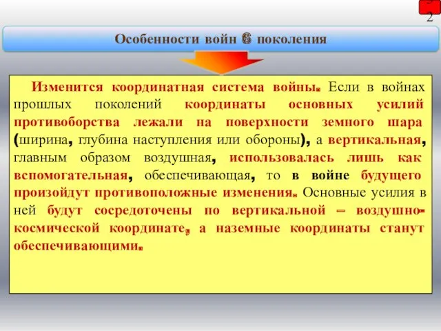 Изменится координатная система войны. Если в войнах прошлых поколений координаты