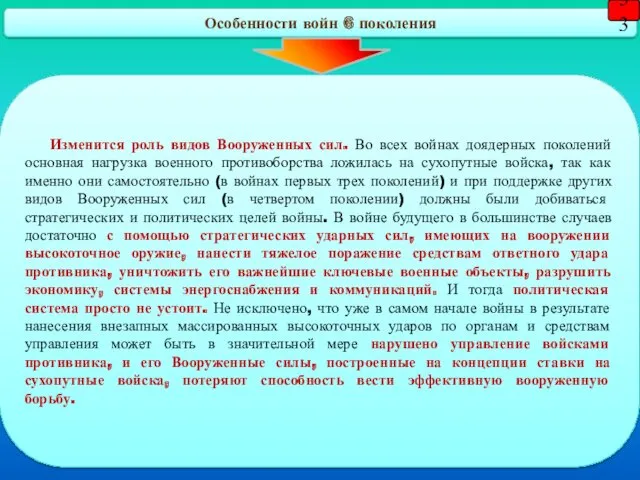 Особенности войн 6 поколения Изменится роль видов Вооруженных сил. Во