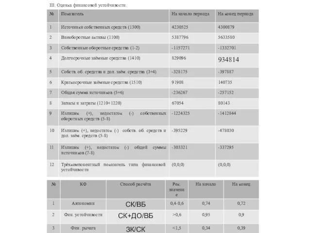 III. Оценка финансовой устойчивости.