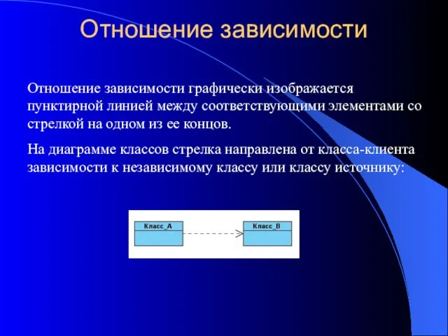 Отношение зависимости Отношение зависимости графически изображается пунктирной линией между соответствующими