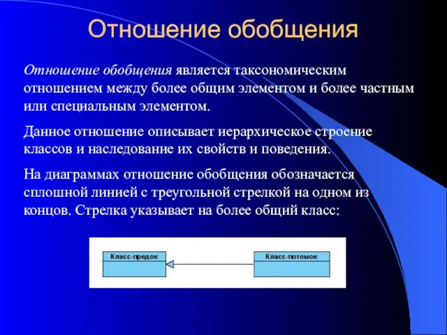 Отношение обобщения Отношение обобщения является таксономическим отношением между более общим