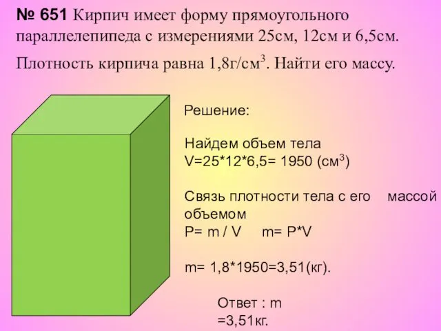 Решение: Найдем объем тела V=25*12*6,5= 1950 (см3) Связь плотности тела