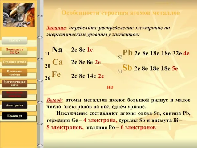 Особенности строения атомов металлов 11 Na 20 Са 26 Fe