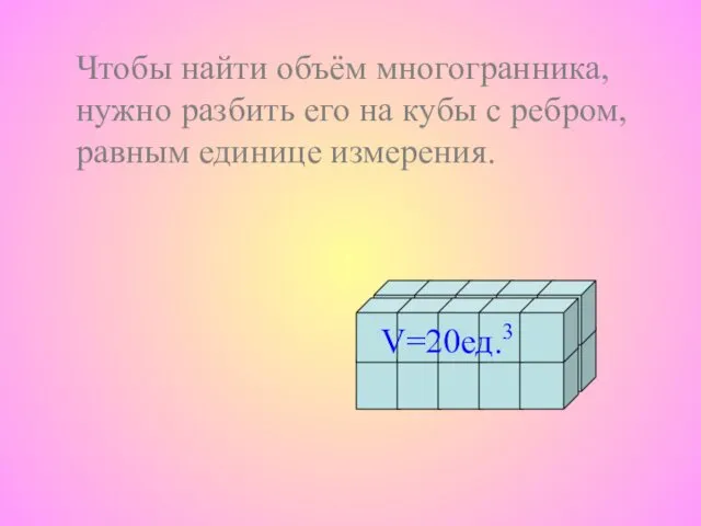 Чтобы найти объём многогранника, нужно разбить его на кубы с ребром, равным единице измерения. V=20ед.3