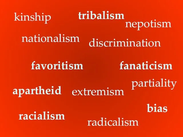 extremism racialism radicalism fanaticism nepotism apartheid favoritism partiality kinship tribalism bias nationalism discrimination