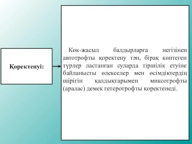 Қоректенуі: Көк-жасыл балдырларға негізінен автотрофты қоректену тән, бірақ көптеген түрлер