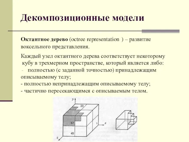 Декомпозиционные модели Октантное дерево (octree representation ) – развитие воксельного