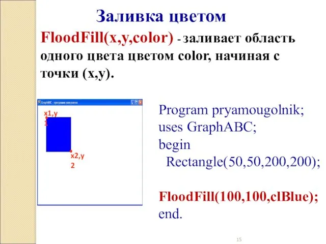 Заливка цветом FloodFill(x,y,color) - заливает область одного цвета цветом color,