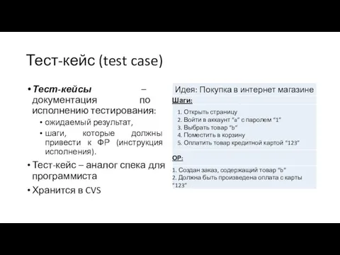 Тест-кейс (test case) Тест-кейсы – документация по исполнению тестирования: ожидаемый