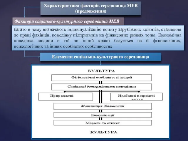 Характеристика факторів середовища МЕВ (продовження) Фактори соціально-культурного середовища МЕВ багато