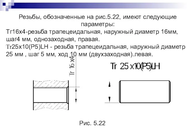 Резьбы, обозначенные на рис.5.22, имеют следующие параметры: Тг16х4-резьба трапецеидальная, наружный