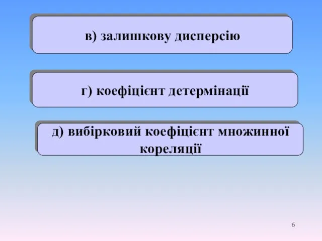 в) залишкову дисперсію г) коефіцієнт детермінації д) вибірковий коефіцієнт множинної кореляції