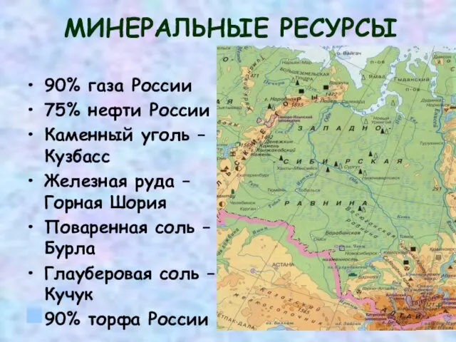 МИНЕРАЛЬНЫЕ РЕСУРСЫ 90% газа России 75% нефти России Каменный уголь – Кузбасс Железная