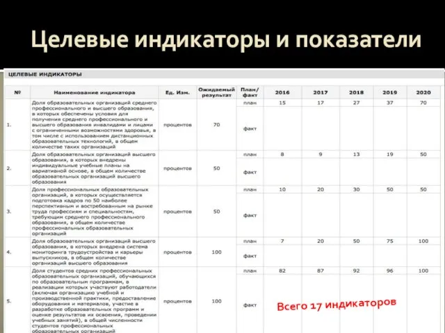 Целевые индикаторы и показатели Всего 17 индикаторов