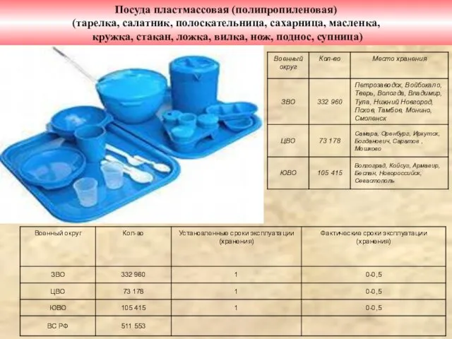 Посуда пластмассовая (полипропиленовая) (тарелка, салатник, полоскательница, сахарница, масленка, кружка, стакан, ложка, вилка, нож, поднос, супница)