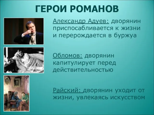 ГЕРОИ РОМАНОВ Александр Адуев: дворянин приспосабливается к жизни и перерождается